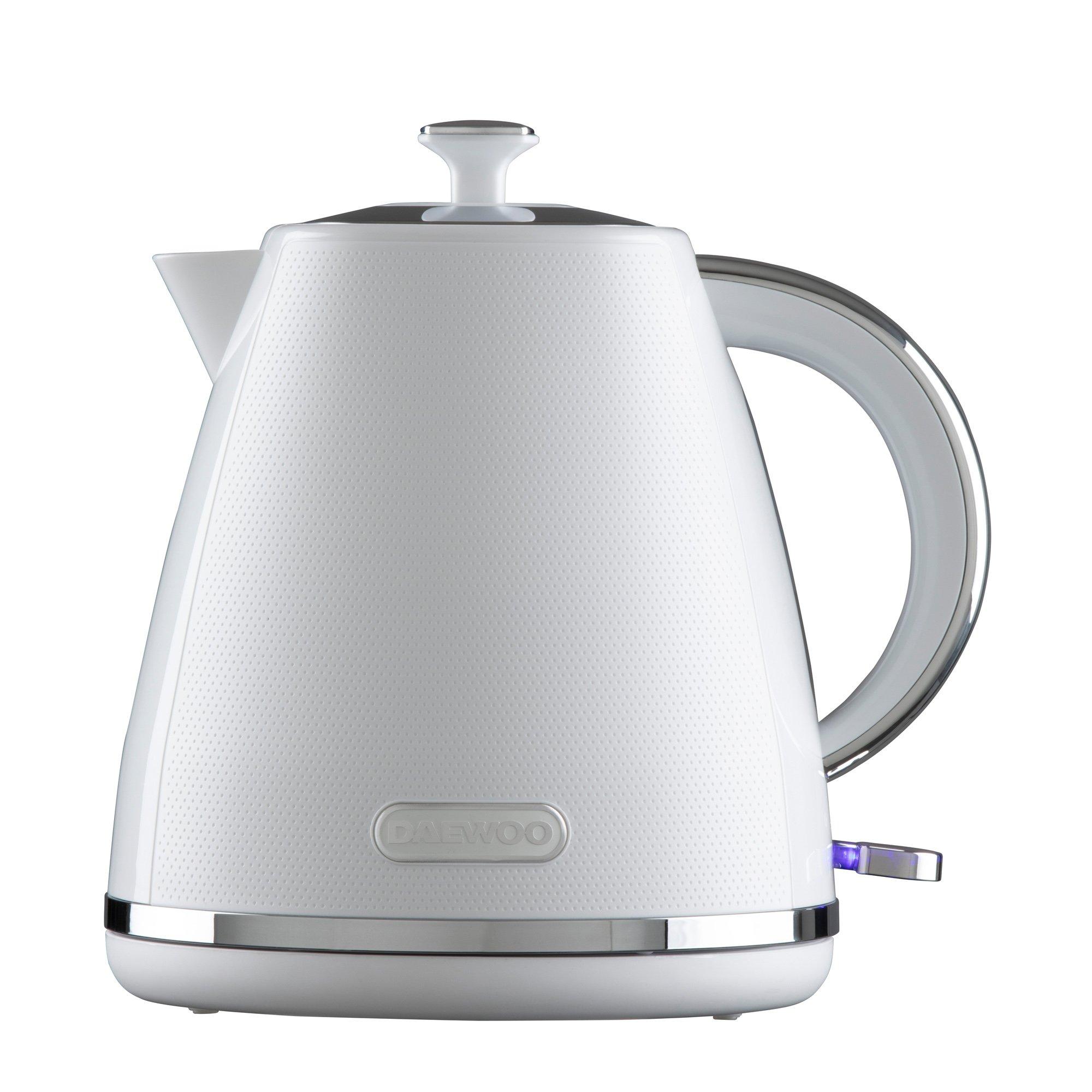 White cordless kettle with a pyramid shape, 1.7 litre capacity, 3KW rapid boil, textured surface, chrome handle, and a blue LED indicator light.