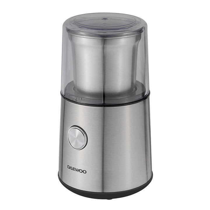 Silver stainless steel coffee and spice grinder with a transparent lid, featuring a round base and a control knob on the front, designed for wet and dry grinding.