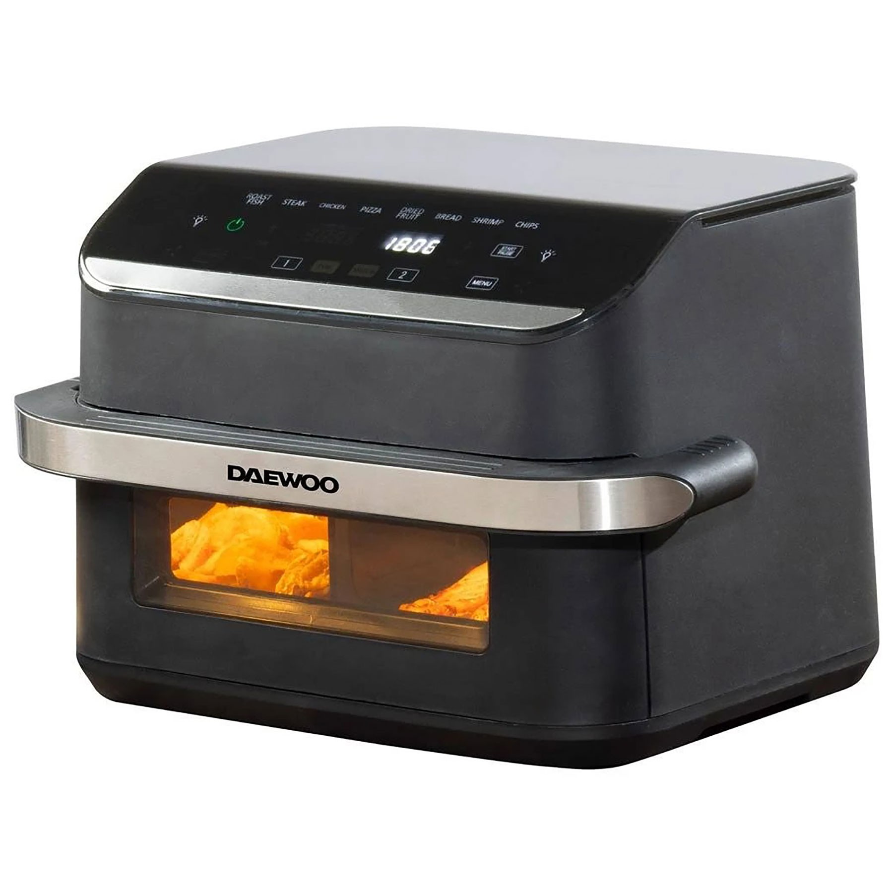 Daewoo 10L 'Megadrawer' air fryer in black with dual drawers, a sleek design, digital control panel, and a transparent window showcasing the cooking process.