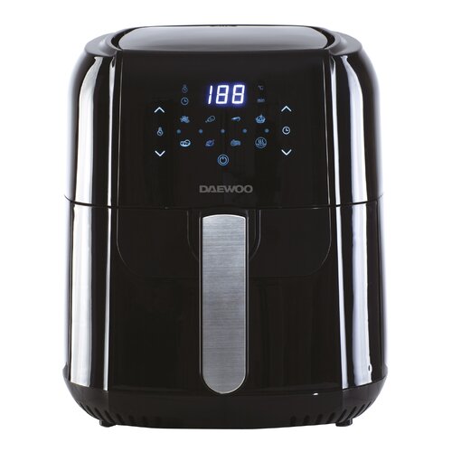 Black Daewoo SDA1804GE 5.5L digital air fryer features a sleek design, LED display with touch controls, and a stainless steel front panel, powered by 1400W for efficient cooking.