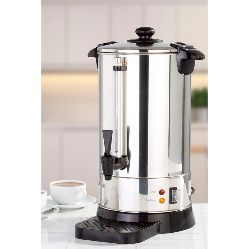 Polished silver 10L hot water urn with a black lid and handles, featuring a spout, water level indicator, and control buttons, set against a light kitchen background.