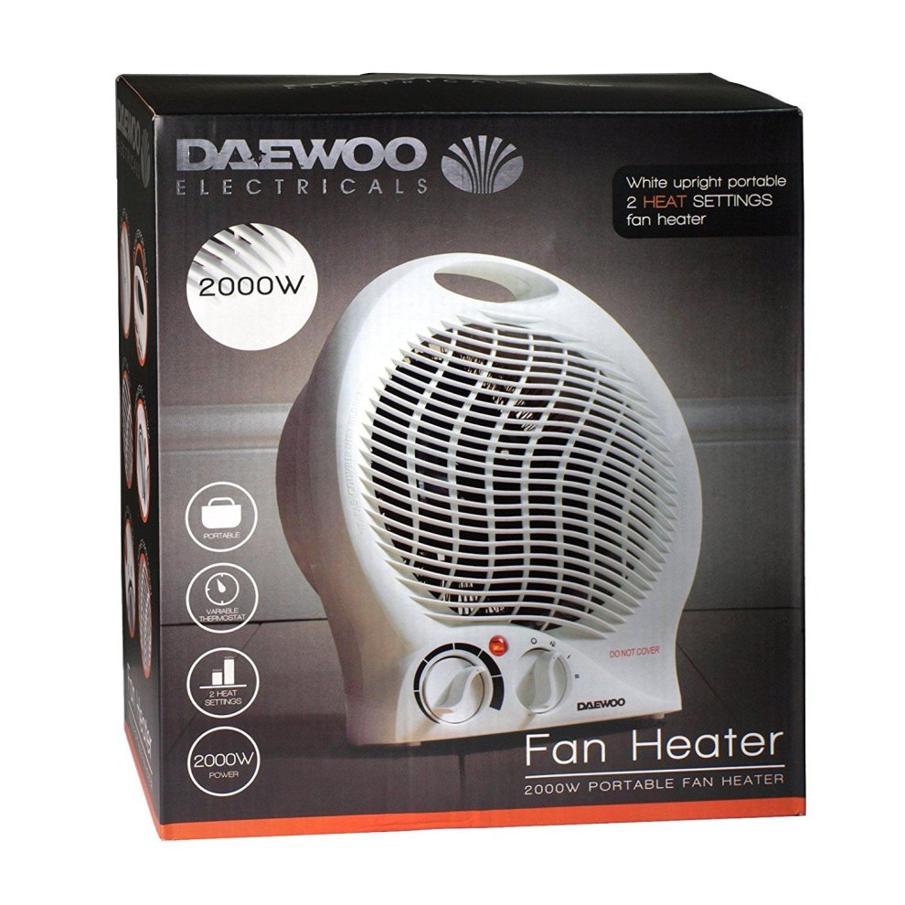 White upright fan heater with a circular grille, featuring a thermostat and two heat settings, packaged in a box displaying the Daewoo logo and product specifications.