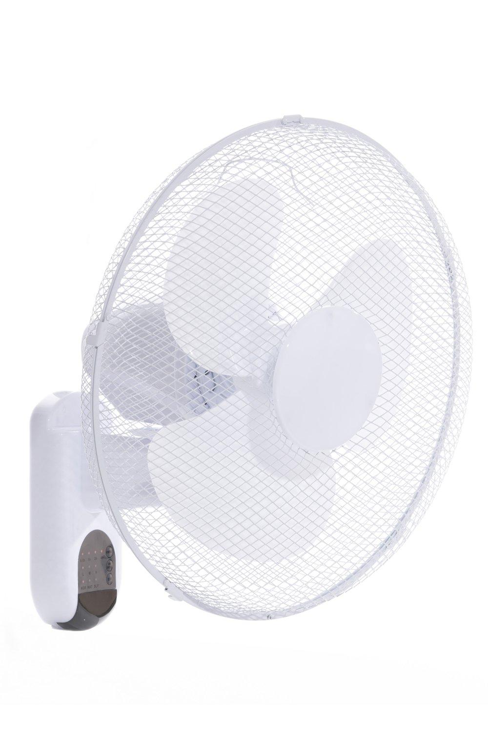 Daewoo 16-inch wall fan in white with a mesh guard, three blades, and a remote control for easy operation, designed for efficient cooling.