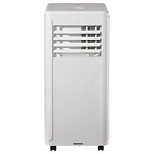 White Daewoo 12000 BTU portable air conditioning unit with a sleek design, featuring adjustable vents, digital display, and rolling wheels for easy mobility.