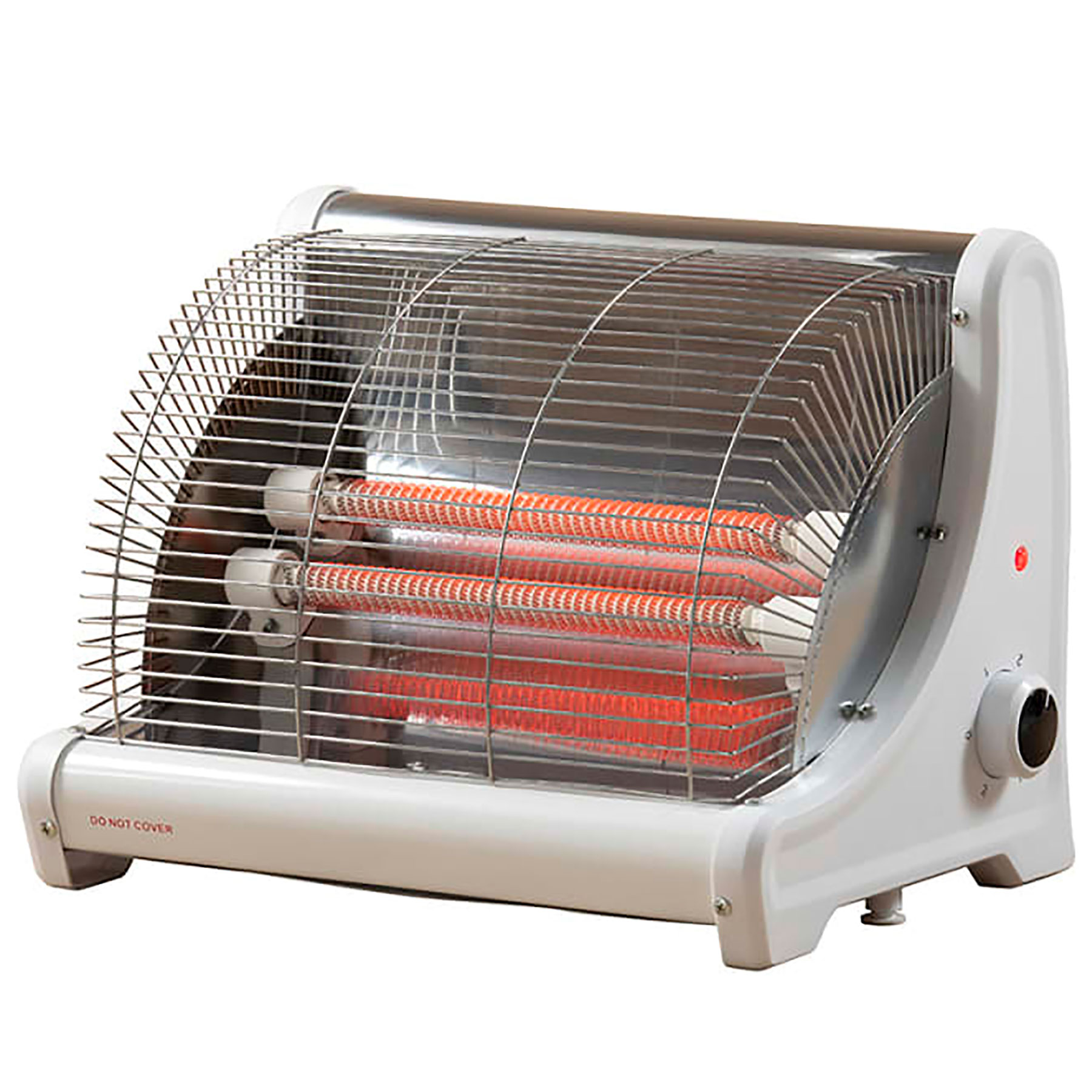 White Daewoo 12000W portable heater with a ceramic design, featuring a protective metal grille, two heating bars, and a control knob on the side, suitable for medium-sized rooms.