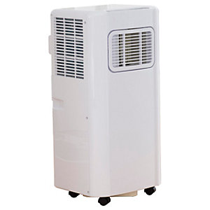Daewoo white portable AC unit with a sleek design, featuring a front air vent, wheels for mobility, and a remote control, suitable for small to medium rooms.