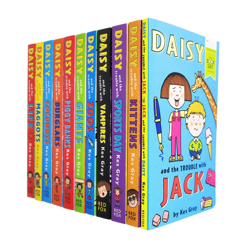 A colorful set of 11 children's books featuring the title "Daisy and the Trouble with Jack" prominently, with vibrant covers depicting kittens, sports, vampires, zoos, and giants.