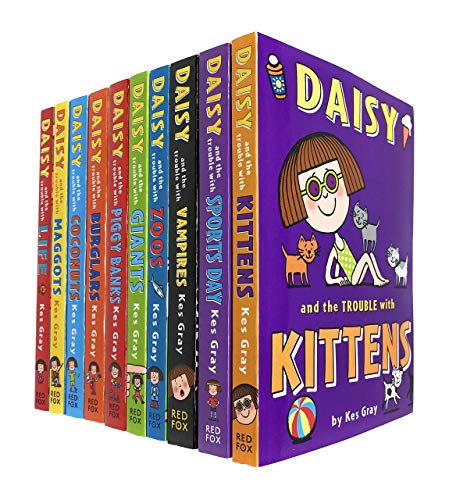 Colorful 10-book set of the "Daisy Fiction Collection" by Kes Gray, featuring vibrant covers with playful illustrations of Daisy and various adventures, including "Daisy and the Trouble with Kittens."