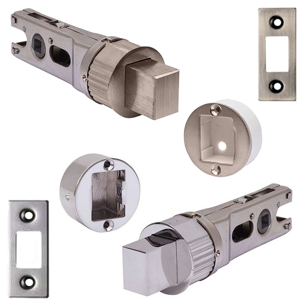 Satin nickel plated smart bolt with a 57mm backset, featuring a square bolt mechanism, mounting plate, and strike plate for secure installation.