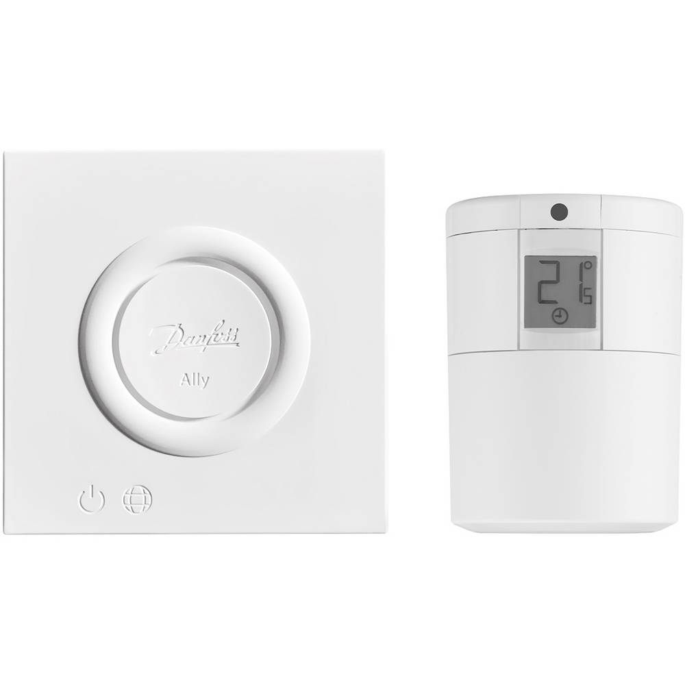 Danfoss Ally Starter Kit features a white circular thermostat with a central dial and a digital radiator valve displaying temperature, designed for smart heating systems.