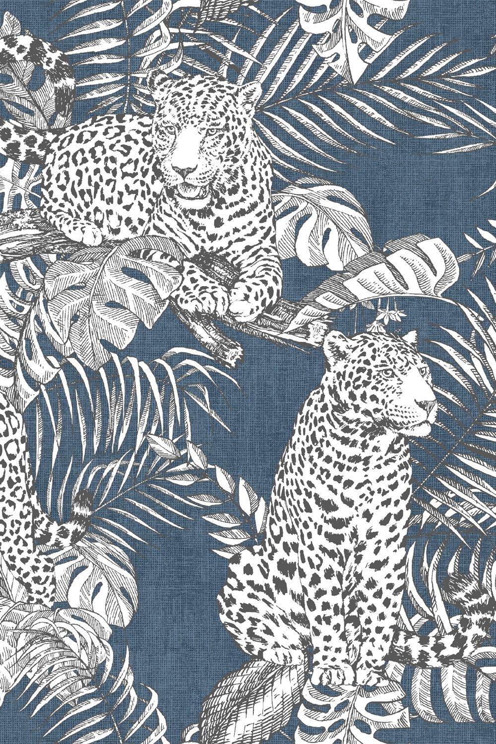 Darcy James Mamboa Blue Wallpaper features a blue background with intricate white illustrations of leopards and tropical leaves, creating a bold and exotic design.