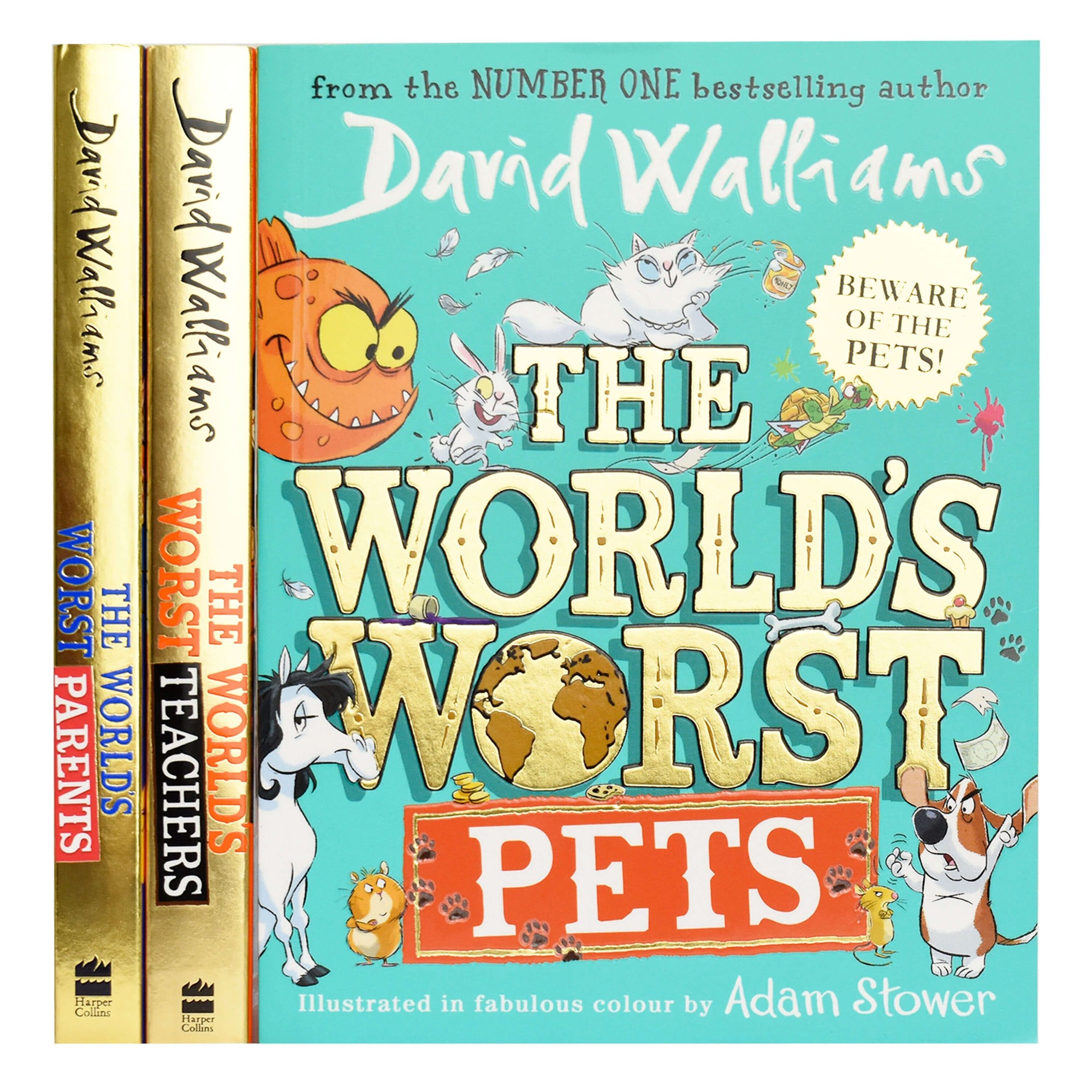 Three colorful hardcover books from the "David Walliams Collection," featuring vibrant illustrations and titles: "The World's Worst Pets," "The World's Worst Parents," and "The World's Worst Teachers."