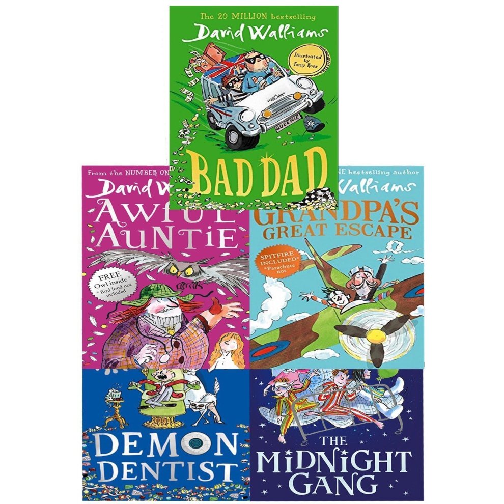 A colorful collection of David Walliams books featuring "Bad Dad," "Grandpa's Great Escape," "Awful Auntie," "Demon Dentist," and "The Midnight Gang," each with vibrant covers and playful illustrations.