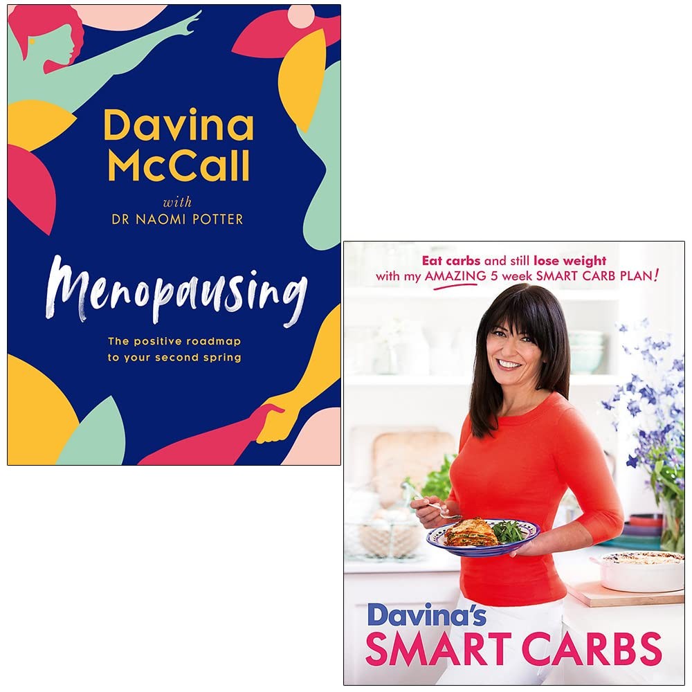 Two hardcover books: "Menopausing" features a colorful abstract design with blue and yellow, while "Davina's Smart Carbs" shows a smiling woman in a red top holding a dish.