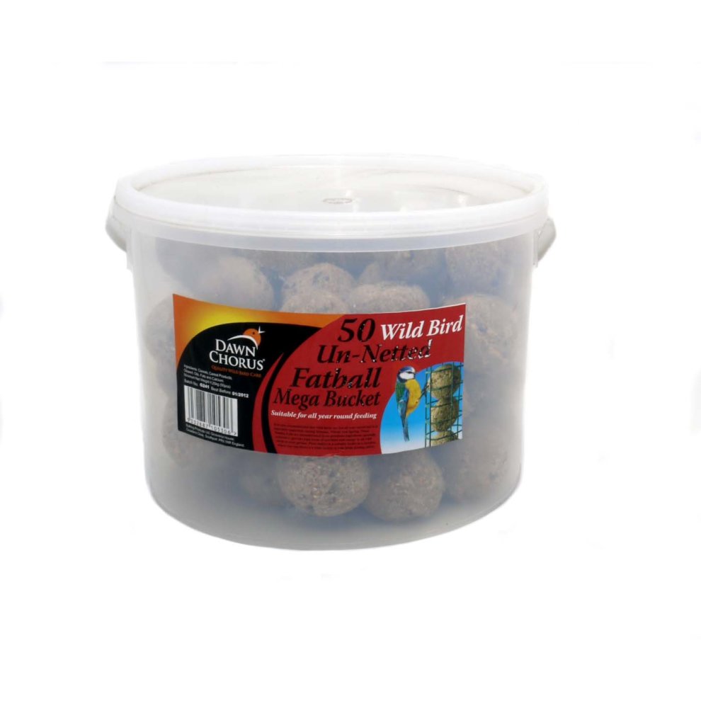 Clear plastic bucket containing 50 un-netted fat balls for wild birds, labeled with a red and black design featuring the Dawn Chorus logo.