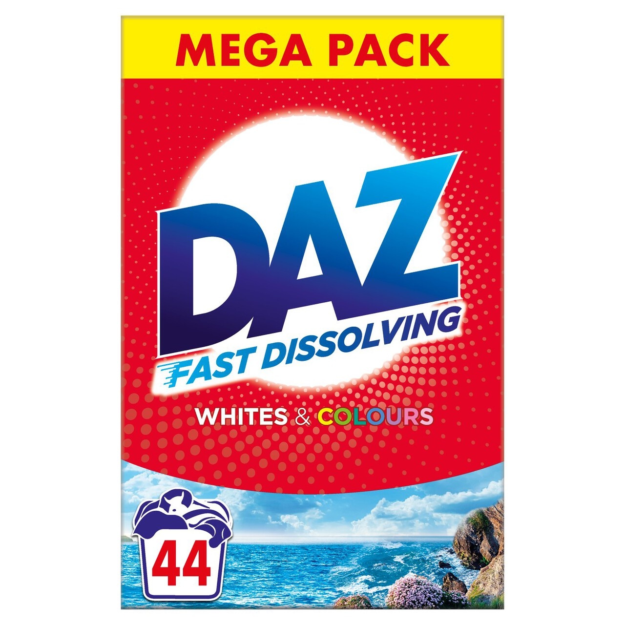 Daz Universal Whites & Colours 2.2kg in a bright red and yellow packaging, featuring a blue logo, with "MEGA PACK" and "44" prominently displayed.