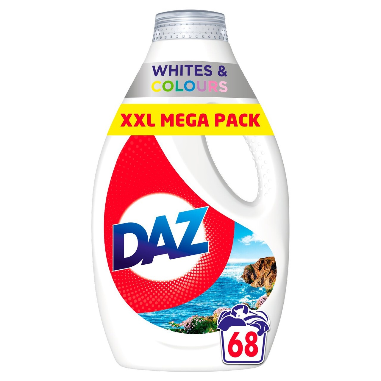 Daz Laundry Liquid in a white bottle with a red and blue logo, labeled "Whites & Colours" and "XXL Mega Pack," designed for 68 washes, featuring a scenic ocean background.