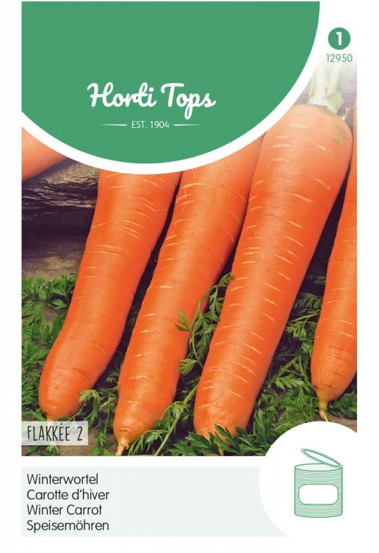 Bright orange carrots with green leafy tops, packaged in a colorful label featuring the brand "Hortitops" and product details, including "Flakkeese 2" and "6 gram."
