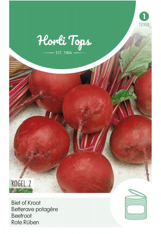 Red beetroots with green leaves, displayed on a light background, featuring packaging labeled "Hortitops Bieten Beta Vulgaris Kogel 2 - Biet - 5 gram" by De Ree.