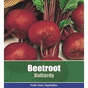 Red beetroot bulbs with green leafy tops, displayed prominently on a white background, labeled "Beetroot Boltardy" with a green and blue border.