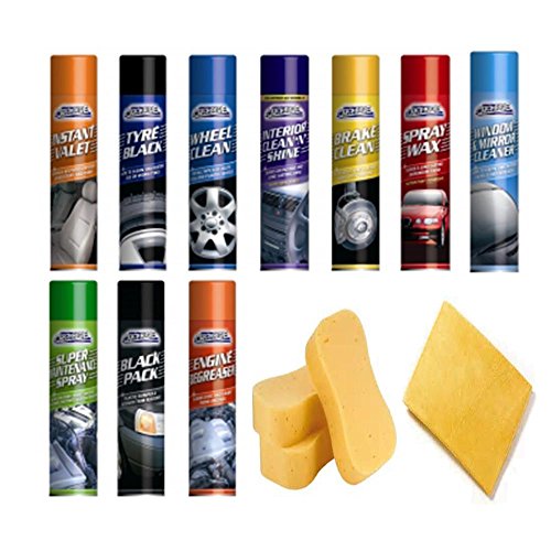 Complete 151 Car Care Valeting Kit by De Ree featuring colorful spray cans for various cleaning tasks and two yellow sponges, arranged neatly on a white background.