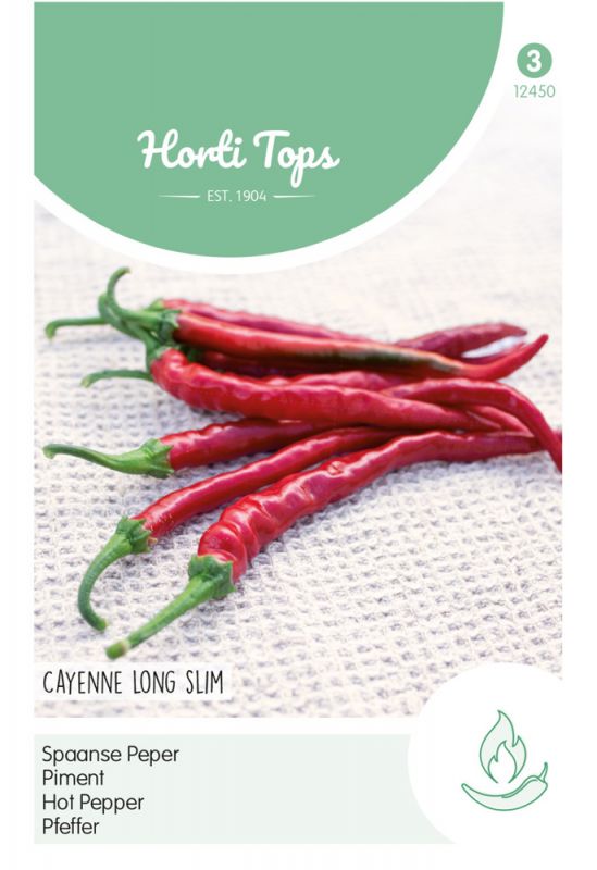 Bright red cayenne peppers with a glossy finish, arranged on a light textured background, featuring a green label with the product name and brand logo.
