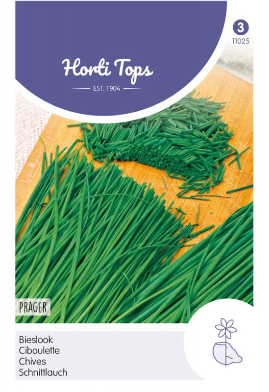 Green chives seeds in a 2-gram packet, featuring a wooden surface background and the Horti Tops logo, with text in Dutch and other languages.