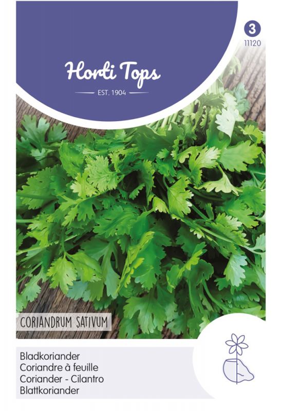 Green coriander leaves prominently displayed on a white background with a blue and white label featuring the product name, weight, and a floral icon.