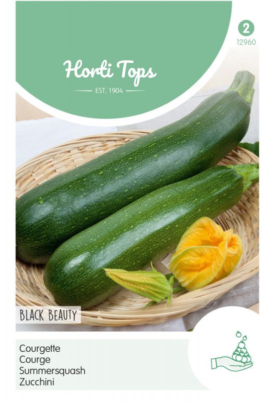 Two dark green courgettes with a glossy finish are placed in a woven basket, accompanied by a vibrant yellow flower and green leaves, labeled "Horti Tops Black Beauty."