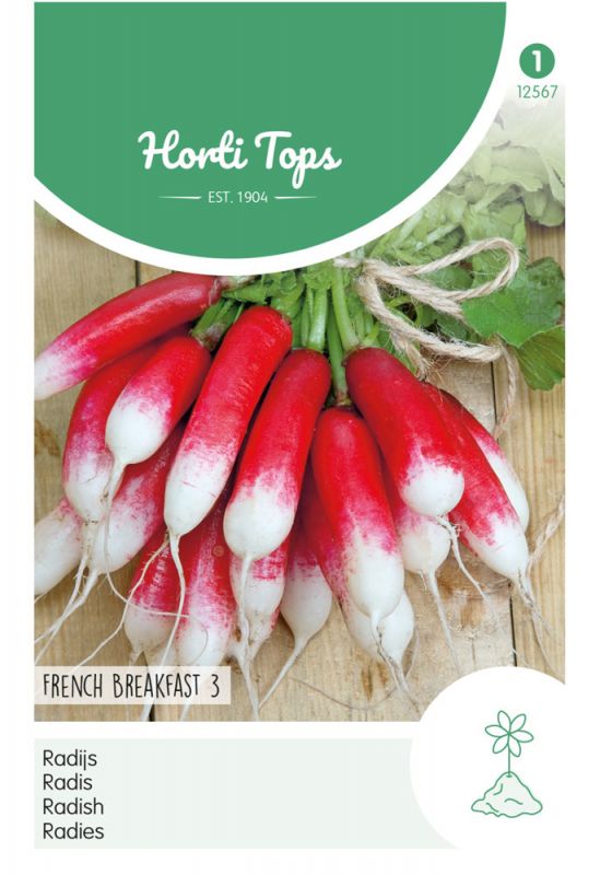 A bunch of red and white radishes with a smooth texture, tied together with twine, displayed on a light wooden surface, featuring a green and white label with "Horti Tops" branding.