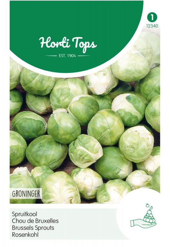 Green Brussels sprouts in a close-up view, showcasing their round shape and smooth texture, with a white background and branding details for Hortitops.