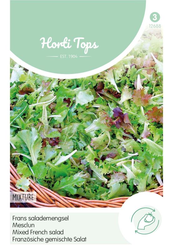 A vibrant mix of green and red leafy salad greens in a woven basket, labeled "Hortitops Mesclun Frans Salademengsel" with a light green background and a logo in the corner.