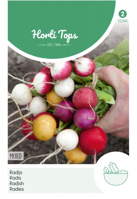 A hand holds a bunch of mixed radishes in various colors, including red, white, and yellow, against a dark, earthy background, with the Hortitops logo above.