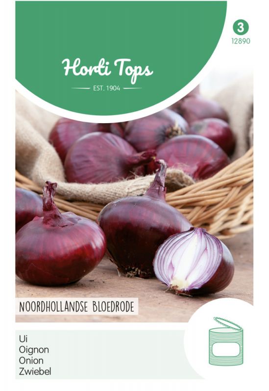 Red onions in a woven basket, with one cut in half showing its white interior, and a green and white label featuring "Hortitops" and product details.