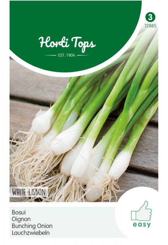 Bunching onions with green stalks and white bulbs, packaged in a white and green label featuring "Hortitops" and "White Lisbon" text, alongside a green checkmark symbol.