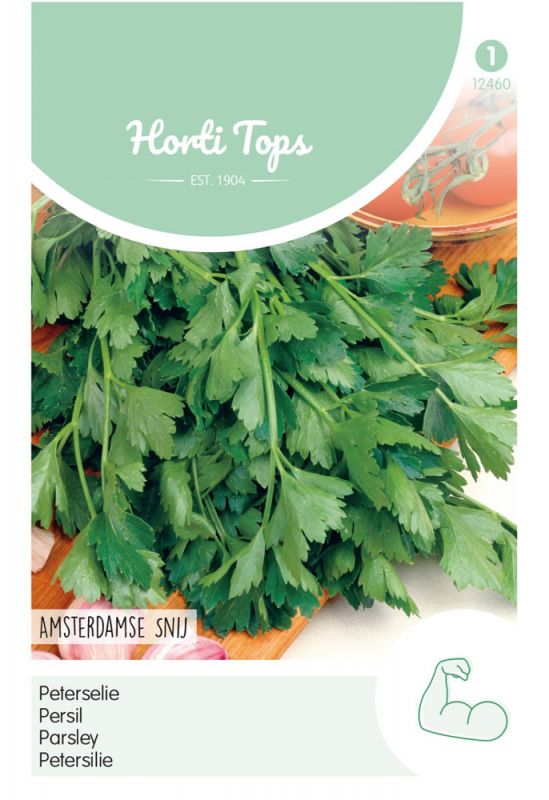 Green parsley leaves arranged on a light background, with a label featuring the brand "Hortitops," product name "Amsterdamse Snij," and a simple illustration of a muscle.