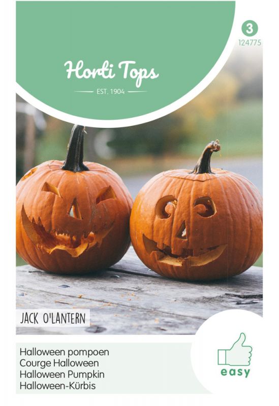 Two carved orange pumpkins with smiling faces, labeled "Jack O'Lantern," on a white background with green accents, featuring the Hortitops logo and product details.