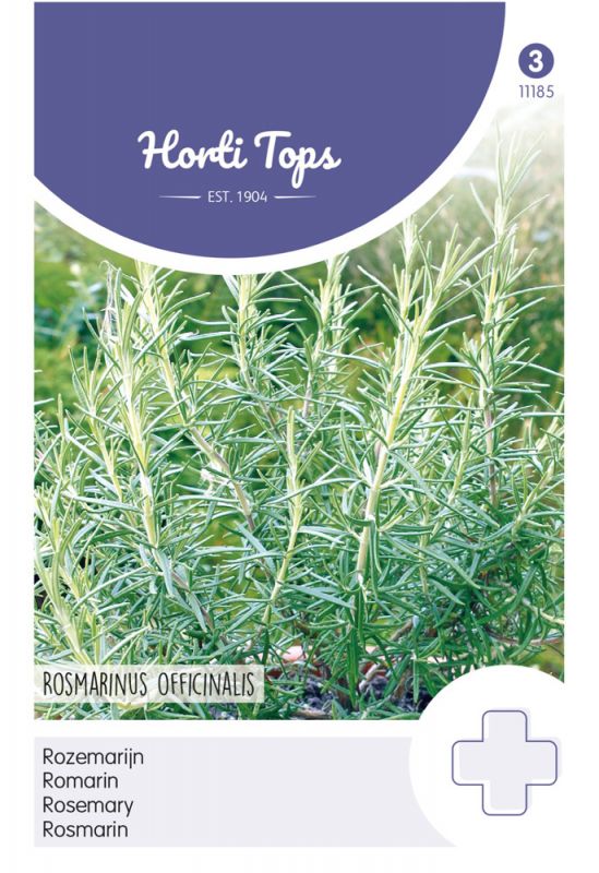 Green rosemary plant with slender, needle-like leaves, displayed on a white background with a blue and white label featuring the text "Horti Tops" and "Rosmarinus Officinalis."