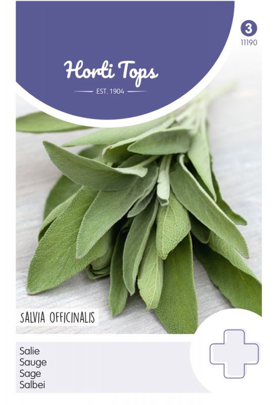 Green sage leaves are displayed on a light background, with a white label featuring "Horti Tops" and "Salvia Officinalis" in bold text, along with multilingual names for sage.