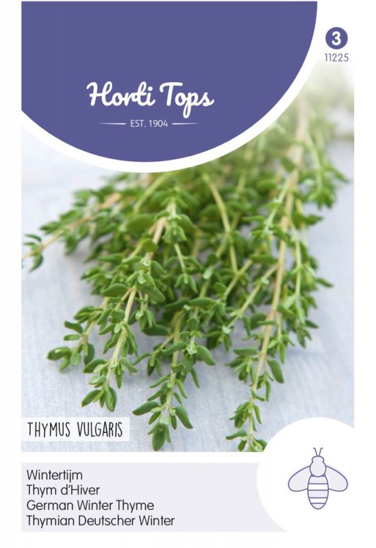 Green thyme sprigs on a white background with a purple and white label featuring "Horti Tops" logo and product details, including "Thymus Vulgaris" and "Kruidenzaden."