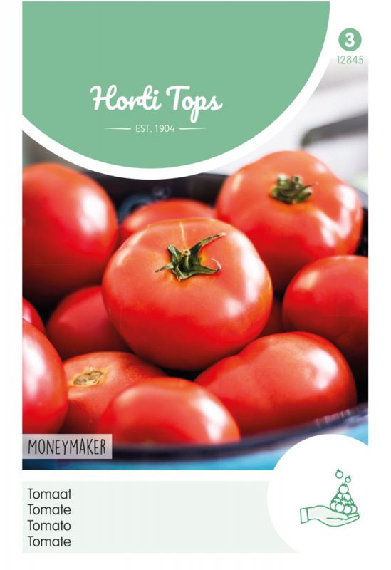 Bright red tomatoes are displayed in a dark bowl, with a green label featuring "Horti Tops" and "Moneymaker" prominently at the bottom, along with text in Dutch.