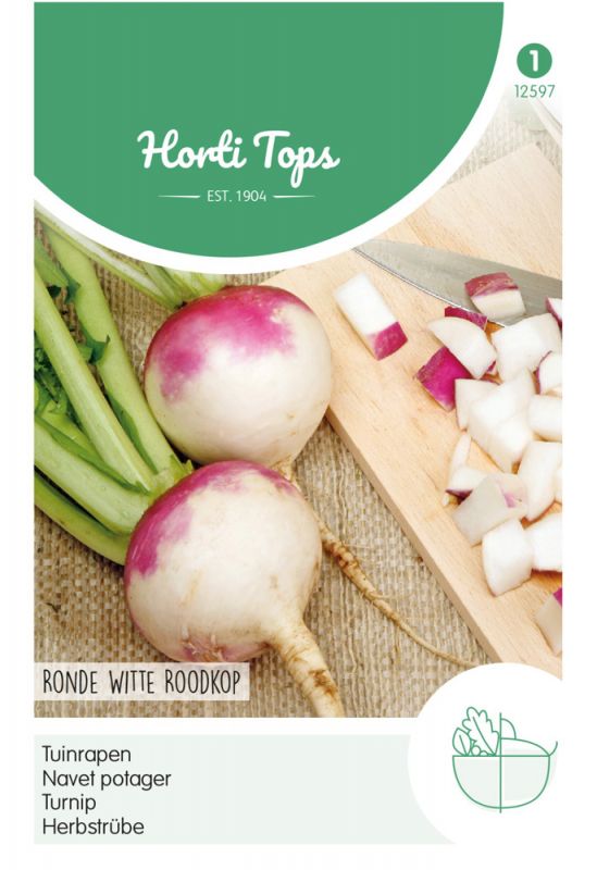 White and purple turnips are displayed alongside chopped pieces on a wooden cutting board, with a green and white packaging design featuring the Hortitops logo.