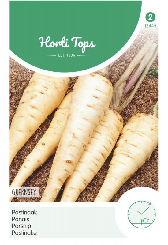 White parsnips with tapered ends, resting on brown soil, displayed on a green and white packaging labeled "Hortitops Pastinaken" with the brand name "De Ree" at the bottom.