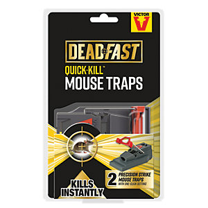 Black and red packaging featuring "Deadfast Quick Kill Mouse Trap Twin," with two gray traps highlighted, emphasizing instant kill feature and precision strike design.