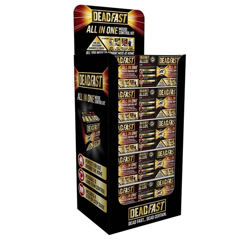 Deadfast All in One Mouse Killer Solution Kit displayed in a tall, black box featuring vibrant red and yellow branding, with multiple product packages visible on shelves.