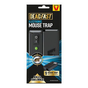 Black electronic mouse trap with a green power button, featuring a sleek design and packaging that highlights its ability to kill over 100 mice.
