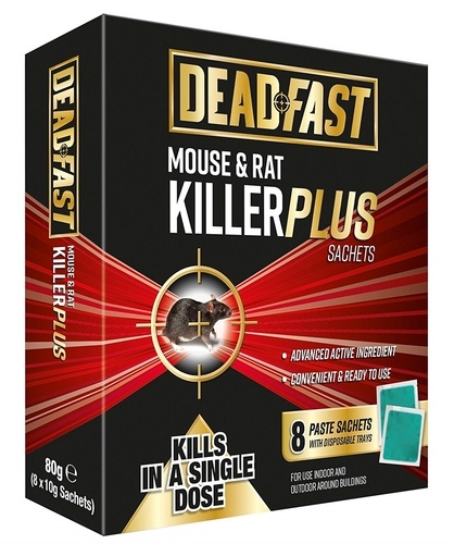 Black and gold box labeled "DEADFAST Mouse & Rat Killer Plus" featuring a graphic of a rat, with eight blue sachets visible, designed for indoor and outdoor use.