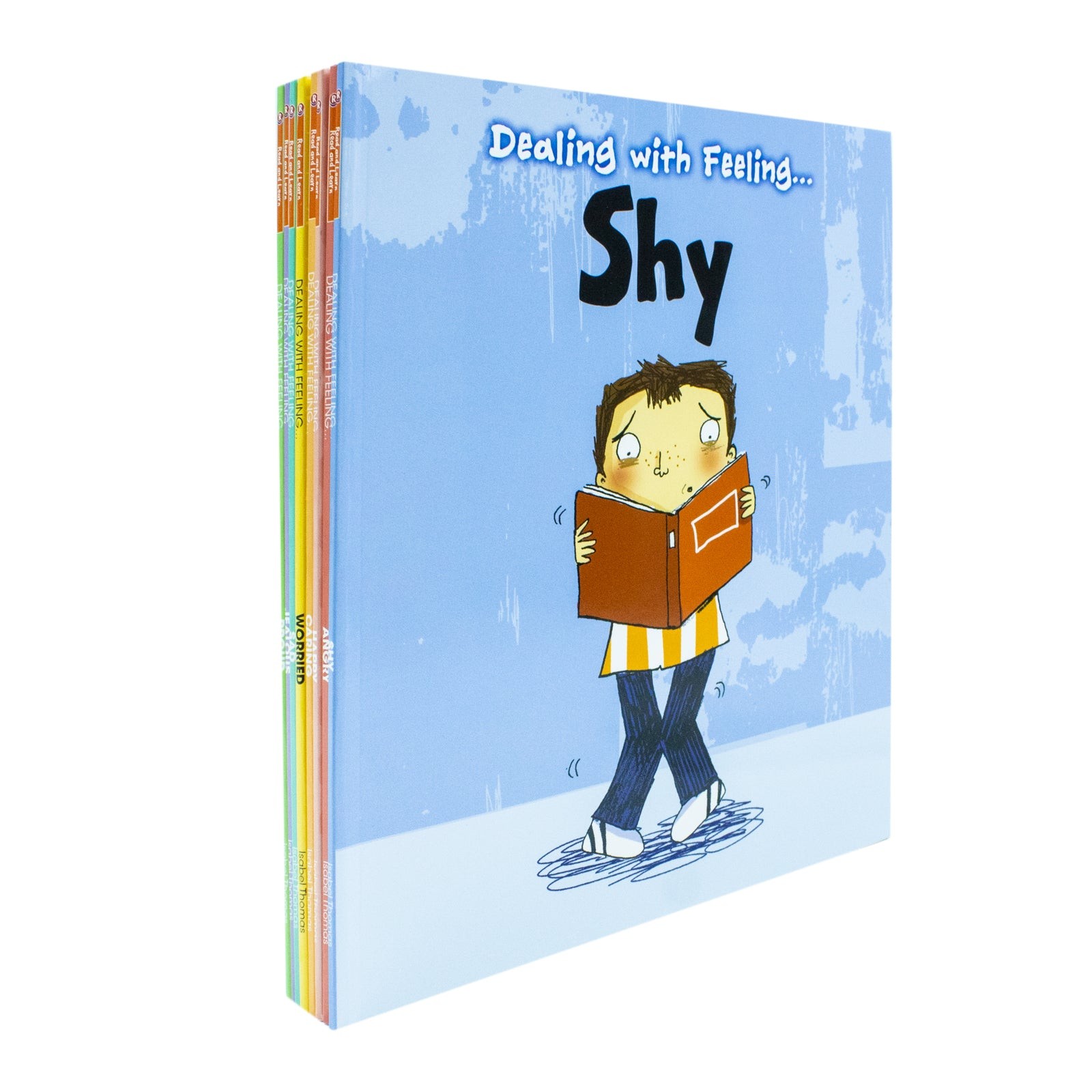 Colorful book collection featuring five titles in the "Dealing with Feeling" series, with a cartoon character on the cover of "Shy," showcasing a blue background and vibrant spine colors.