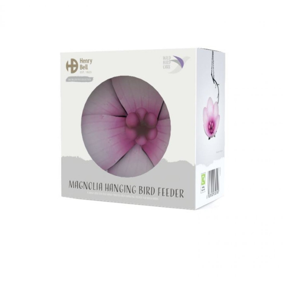 Pink and white flower-shaped hanging bird feeder with a glossy finish, featuring a central cluster of three decorative buds, presented in a stylish box.