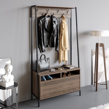 Walnut and black metal hat and coat stand with hooks, featuring a shoe rack and bench, showcasing leather jackets, a handbag, and blue shoes.